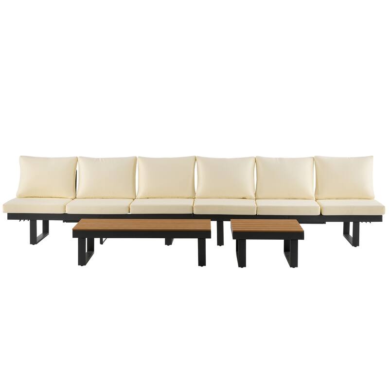 Outdoor Patio Conversation Sofa Set L-shape Sectional Sofa Set with Adjustable Reclining Seats, Coffee Table, Side Table