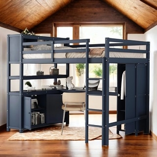 Wood Full Size Loft Bed with Cabinet and Bookshelf,Wardrobe and Desk,Kids Bed Design