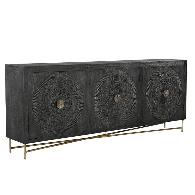 HomeRoots 95" Black Distressed Solid Wood Carved Geometric Sideboard with Six Doors - 95.00 in. x 37.00 in. x 15.50 in.