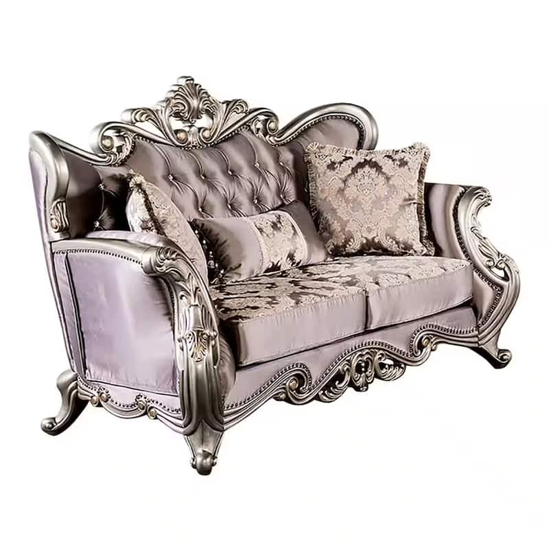 Aboi Loveseat, 3 Accent Pillows, Purple Velvet, Carved Details, 70 Inch