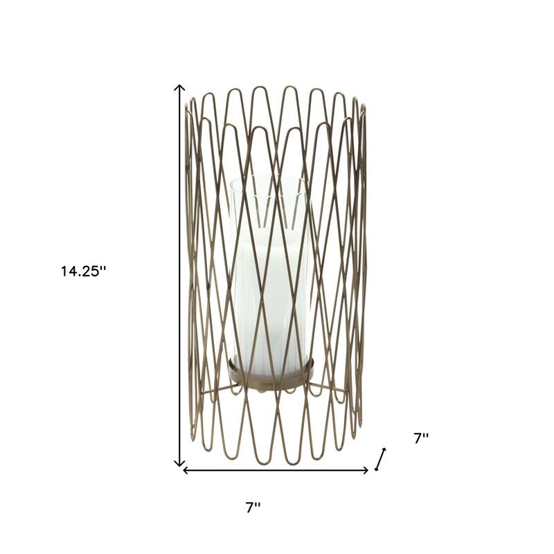 HomeRoots 14" Gold Iron and Glass Tabletop Hurricane Candle Holder - 12