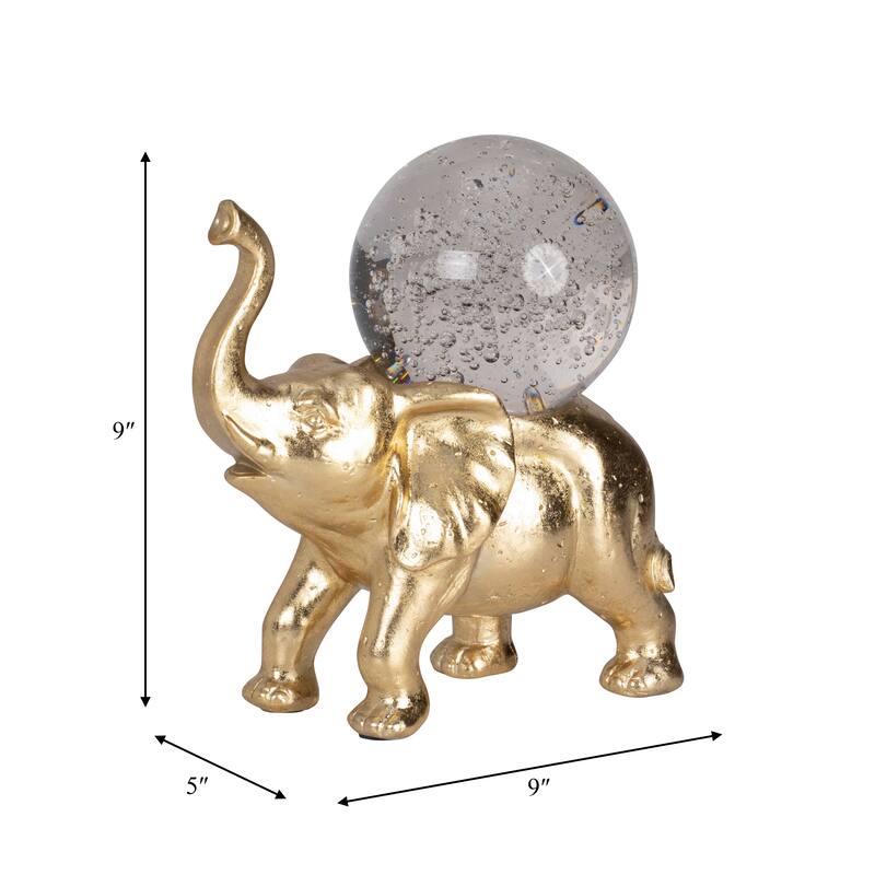 Sagebrook Home Gold Resin 9-Inch Elephant With Crystal Ball - Enchanting Polyresin Sculpture Decor Piece - 9" x 5" x 9"