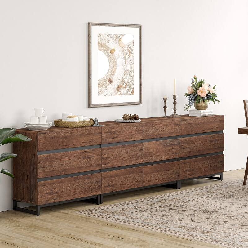WAMPAT 3 in 1 Multifunctional Dresser with Glass Doors and 5 Drawers, Modern Chest of Drawers for Bedroom - Brown - 12-drawer
