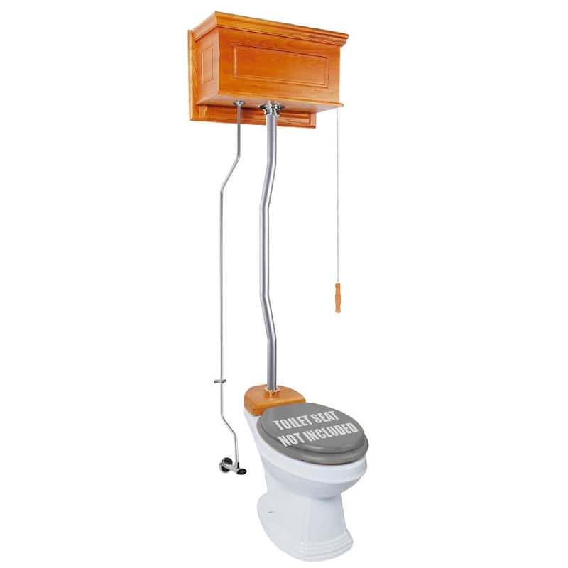 High Tank Toilet - Mahogany Flat Tank, White Round Bowl and Satin L Pipe Renovators Supply