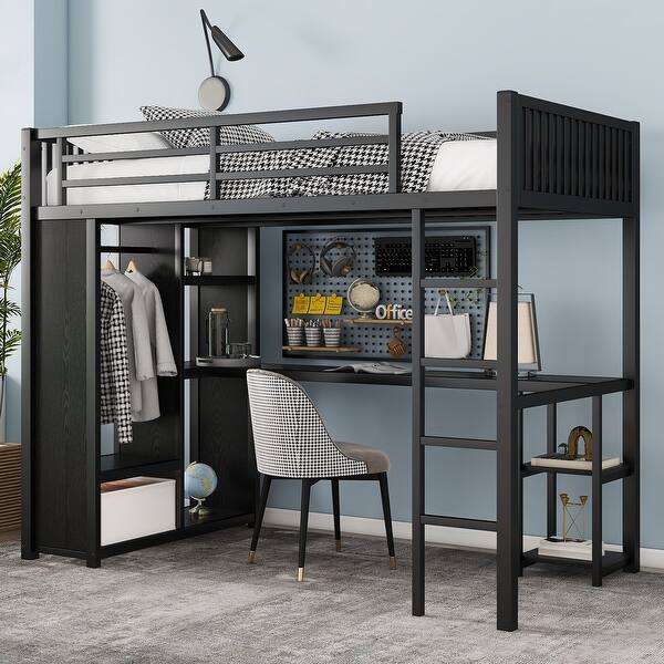 slide 2 of 11, Twin XL Size Loft Bed Frame with Built-in Wardrobe Black