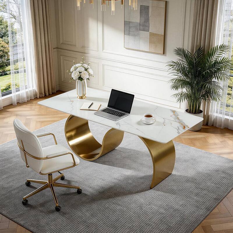 Luxury 78.7" Sintered Stone Office Executive Desk with Stainless Steel Base