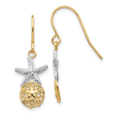 Curata 14k Two-tone Star-Fish and Sand-Dollar Drop Dangle Hook Earrings (11mm x 29mm) - White