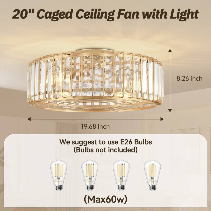 20 in. Indoor Gold Crystal Ceiling Fan with Light, Mid Century Gold Fandelier with Remote Control, 6 Speeds for Bedroom