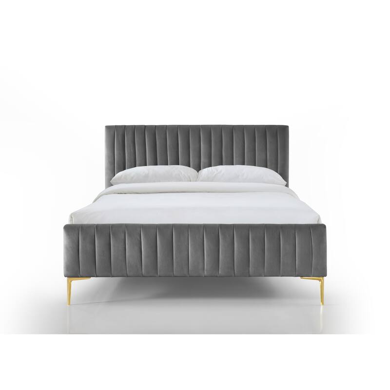Omax Decor Julia Upholstered Platform Bed with Channel Tufted Headboard and Gold Legs