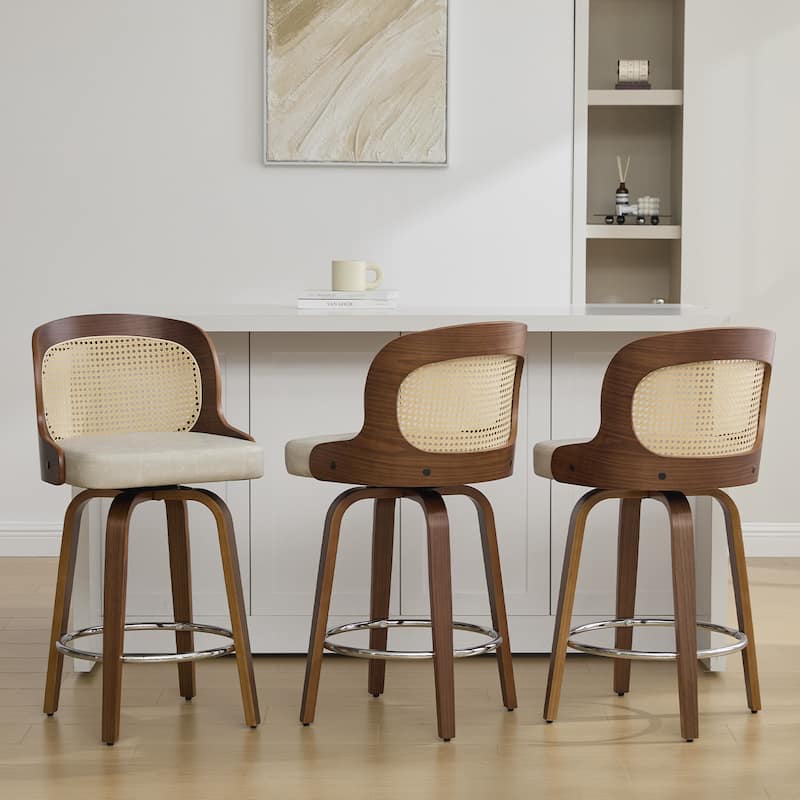 26" Upholstered Swivel Counter & Bar Stool with Rattan Back - 37.4"H x 19.09"W x 19.88"D