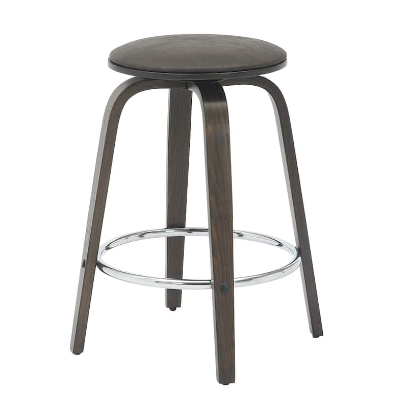 Leather Counter Stool Swivel Round Seat Poplar Wood Frame Iron Foot Rest