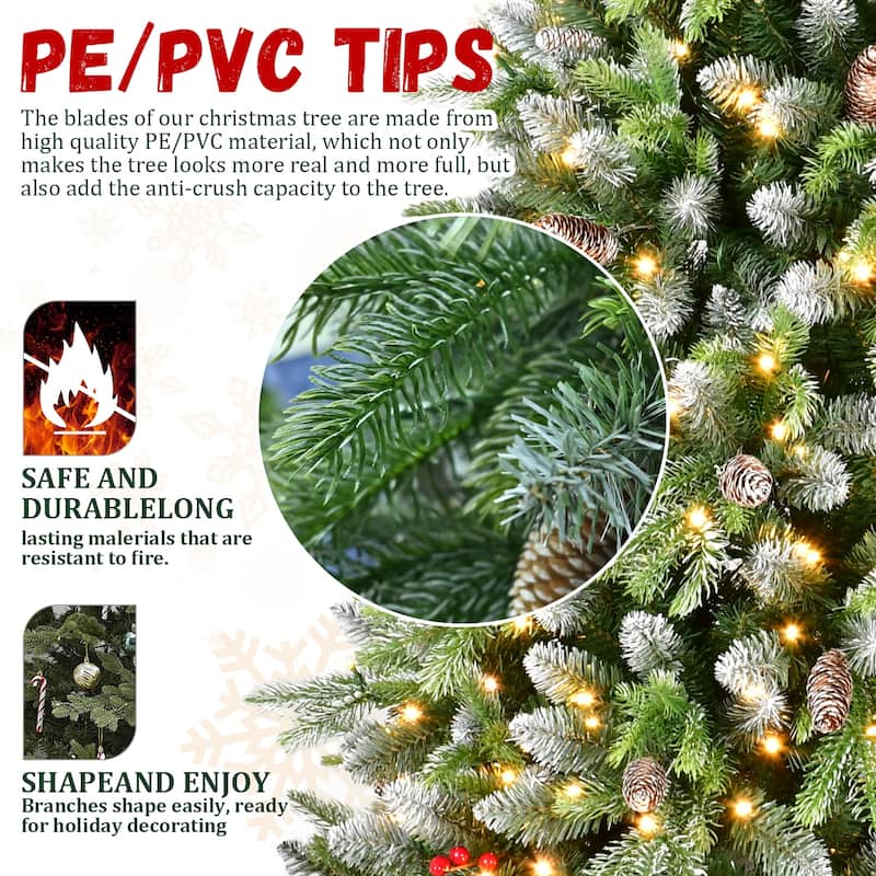 Pre-Lit Artificial Christmas Tree - Warm White LED Lights, Frosted Greenery, Red Berries, Pinecones, Metal Stand - Green