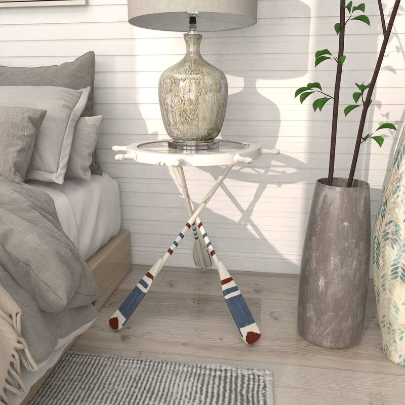 White Metal Ship Wheel Top Accent Table with Oar Shaped Legs
