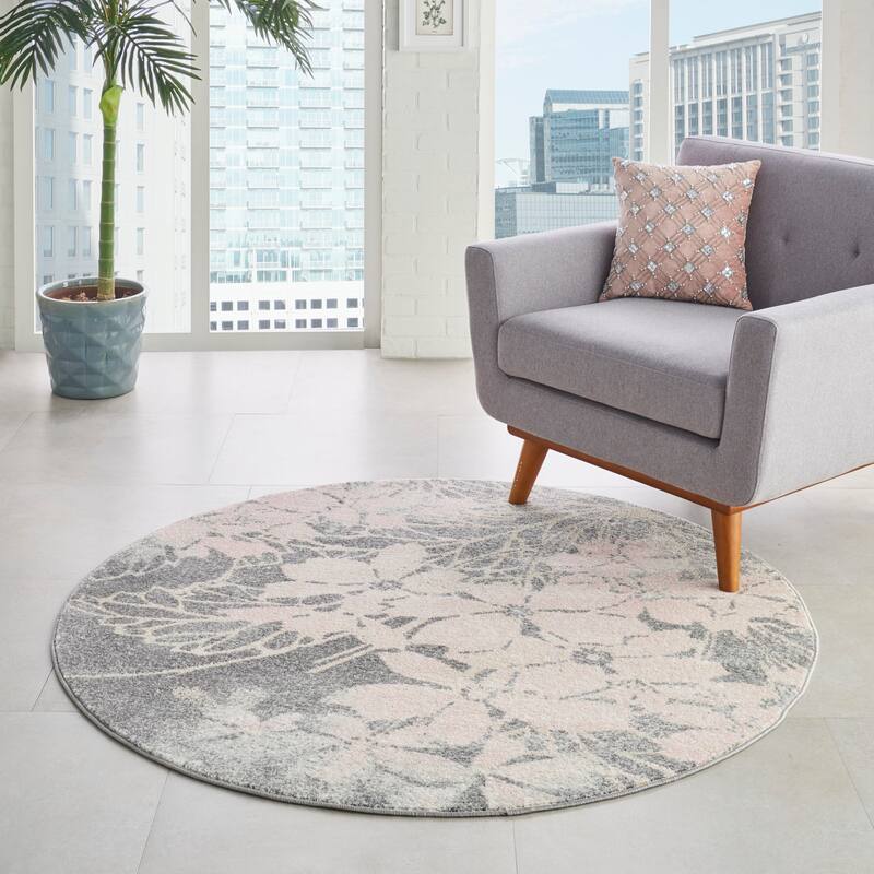 Nourison Tranquil Contemporary Abstract Floral Area Rug - 5'3" Round - Taupe/Pink - Runner/Rectangle