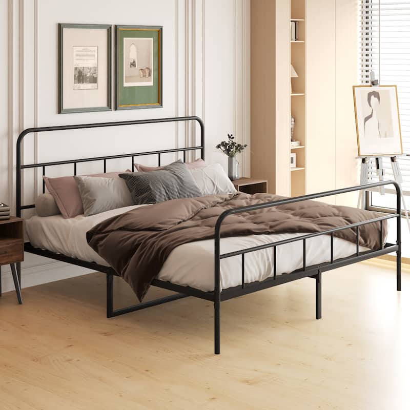 Metal Platform Bed with Wave Shape Wooden Headboard