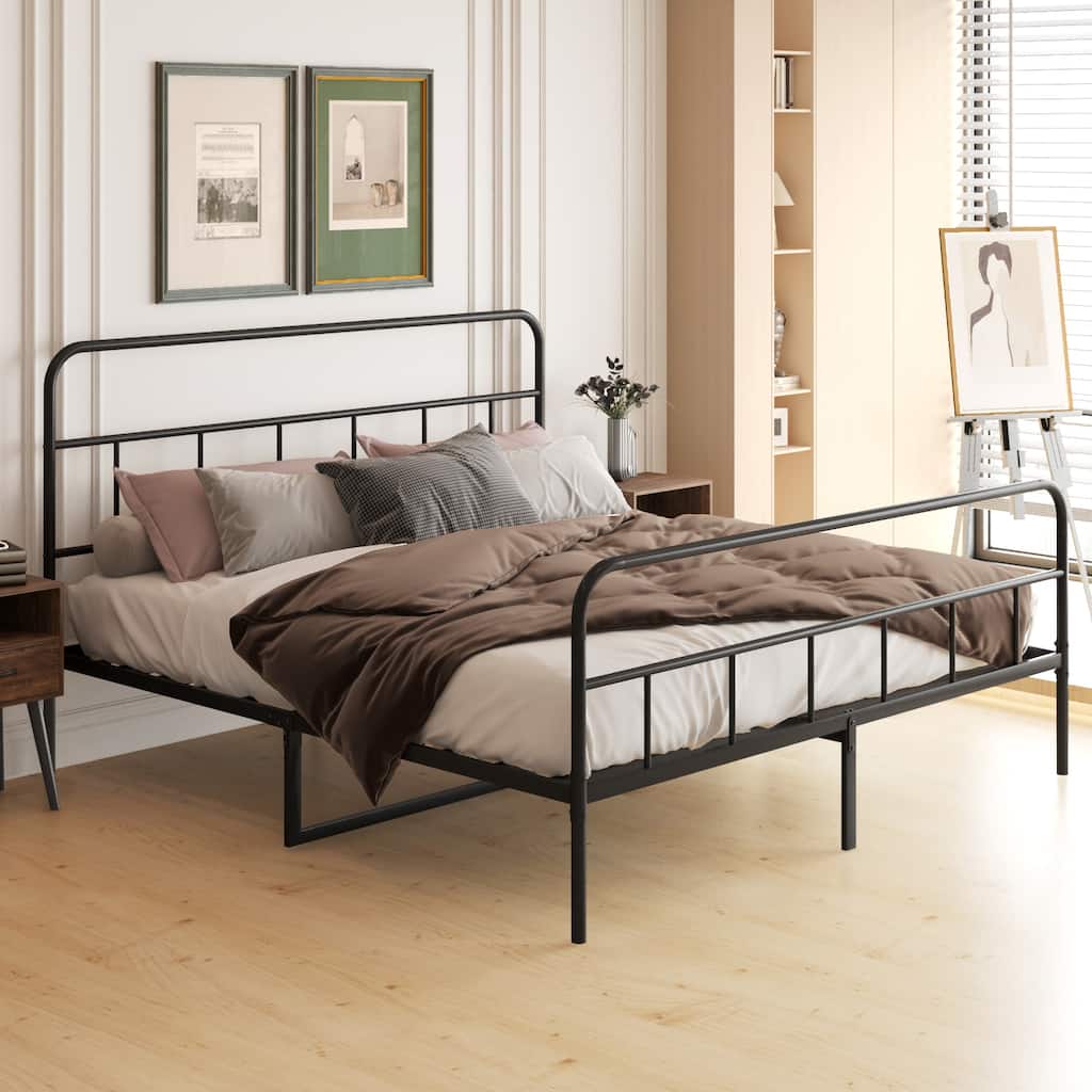 Metal Platform Bed with Wave Shape Wooden Headboard