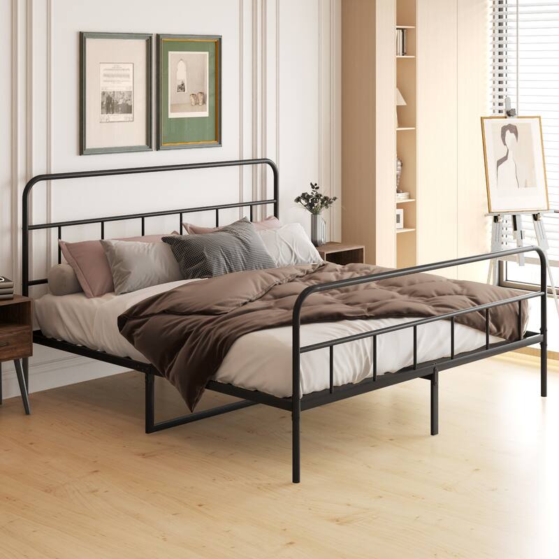 Modern Style Metal Platform Bed with Wavy Wooden Headboard