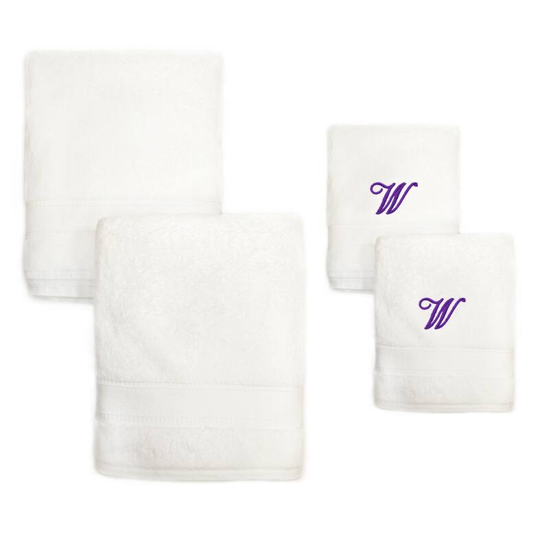 Sweet Kids 2-piece White Turkish Cotton Bath and Hand Towel Set with Lavender Purple Monogrammed Initial - white/purple w