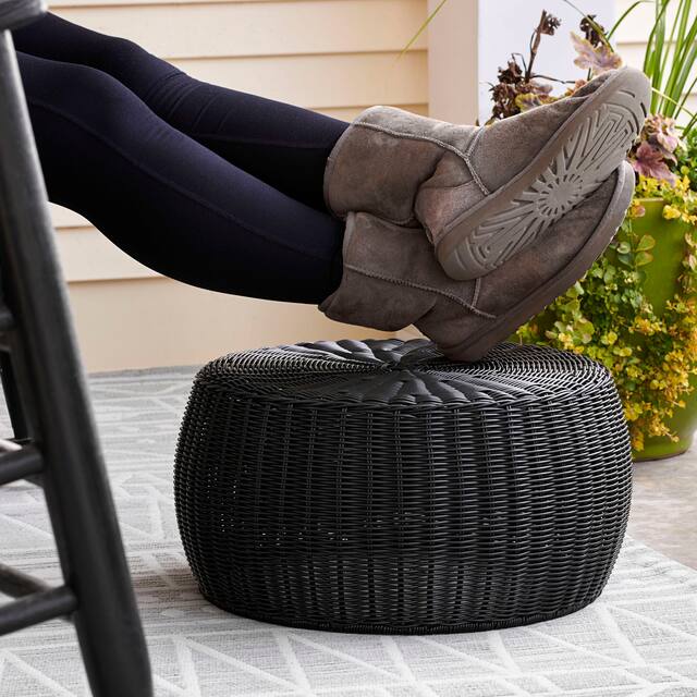 Household Essentials Weather Resistant Outdoor Wicker Storage Stool, Rich Weave with Metal Frame, Black