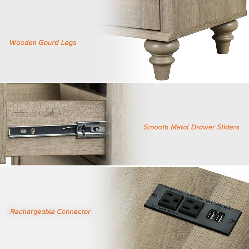 Set of 2 End Tables with Charging Station & Drawer Storage Cabinet