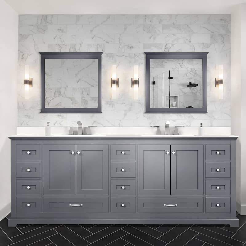 Dukes 84 in. W x 22 in. D Dark Grey Double Bath Vanity, White Quartz Top, and 34 in. Mirrors