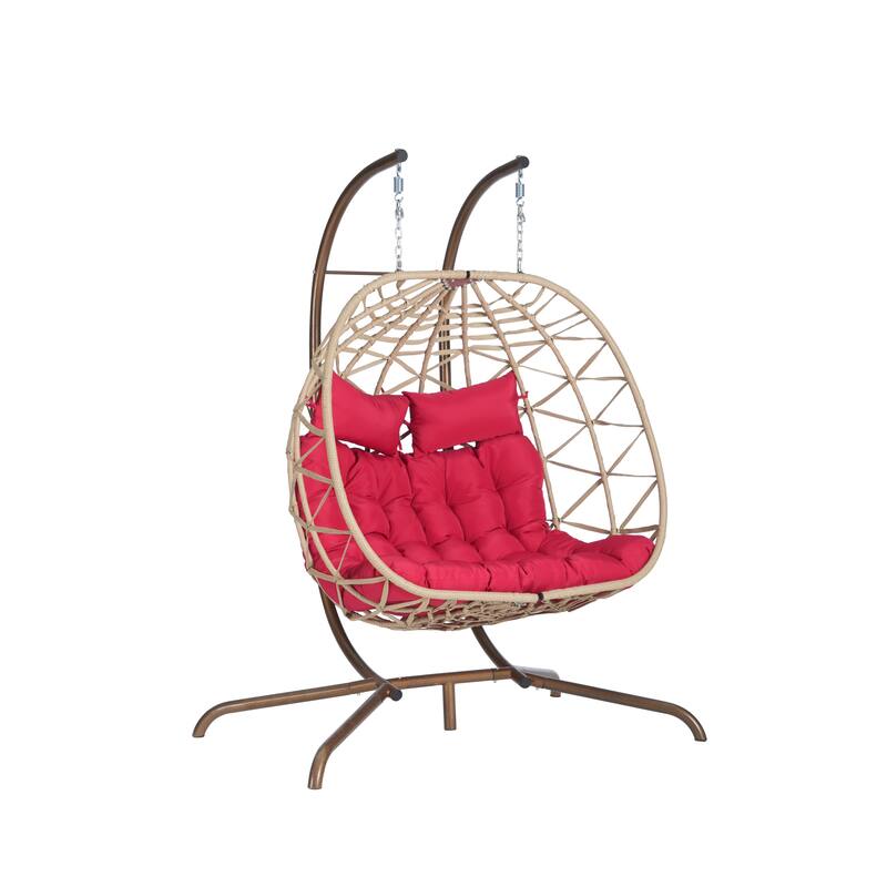 Double Rattan Egg Chair with Stand and UV-Resistant Cushions and Iron Frame - Outdoor Hanging Swing (600lb Capacity)