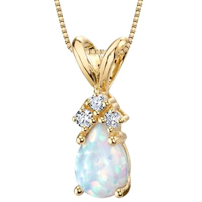 14k Yellow Gold Gold Pear Shape Created Opal Diamond Pendant