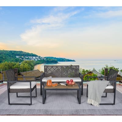 4-Piece Acacia Wood Table Top Patio Furniture Conversation Set for Balcony Porch Garden Backyard Lawn