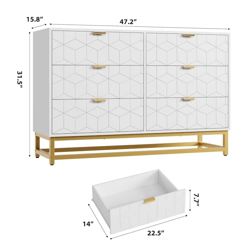 6 Drawer Dresser, Wide Wood Chest with Metal Legs, Modern Storage Cabinet for Bedroom, Living Room