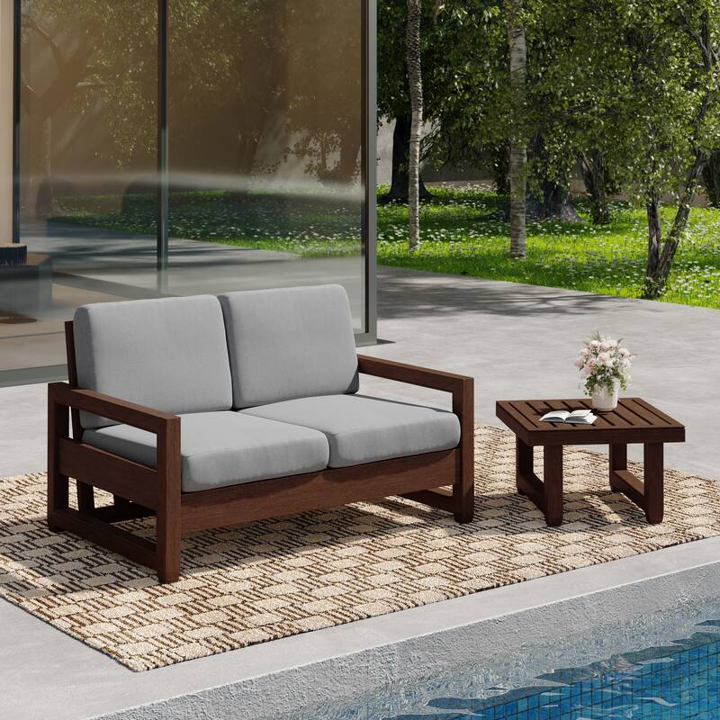 Teak Wood Cushioned Outdoor Patio Loveseat Set with Side Table - Dark Wood - Light Grey