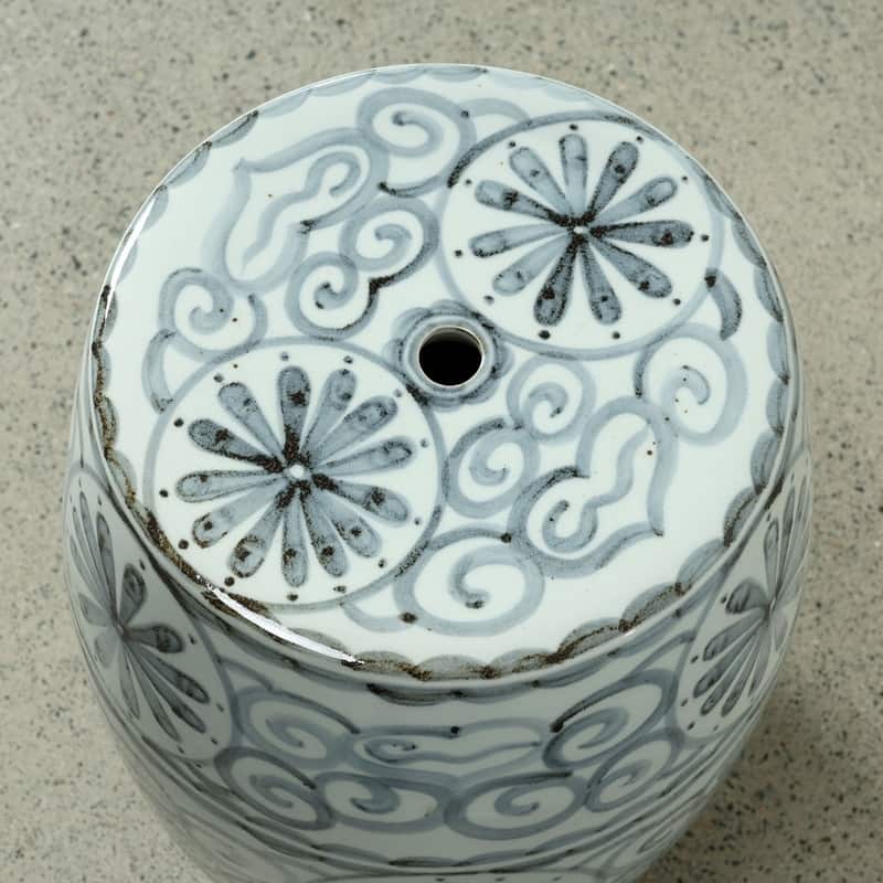 Approx. 17" High Soft Sky Blue Hand-Glazed Ceramic Garden Stool with Flower Motif