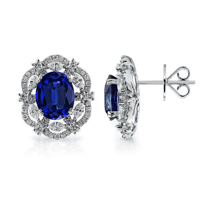 Auriya Fancy 7 1/2ct Royal Blue Sapphire Oval and 1 3/4ctw Halo Diamond Earrings 18K Gold