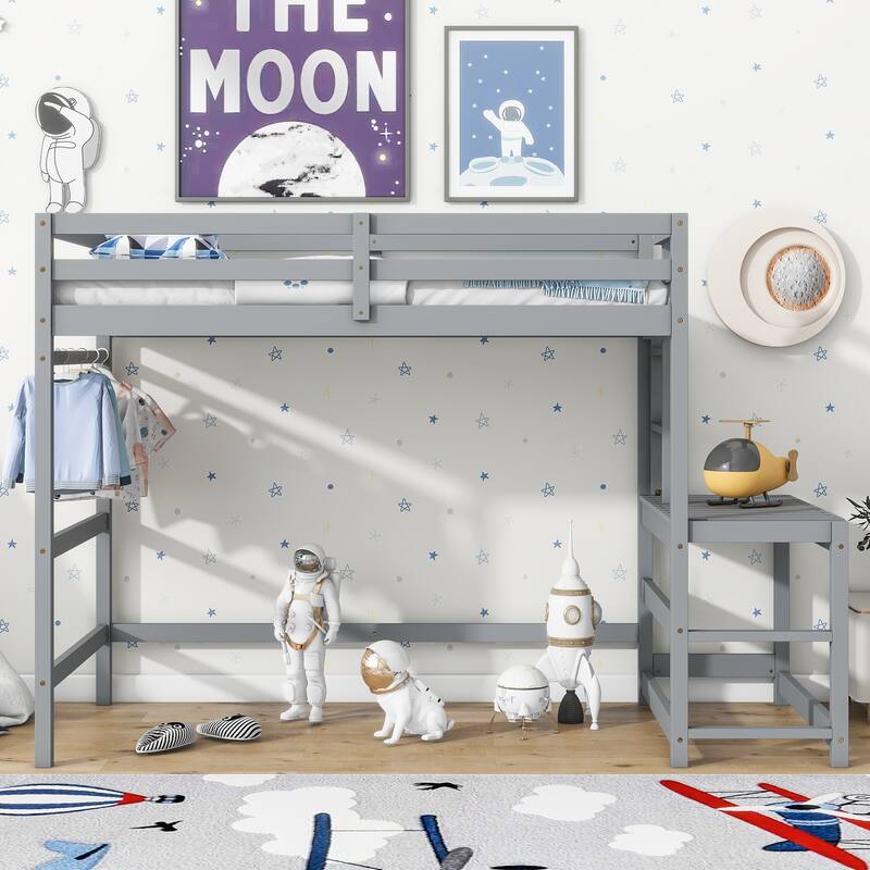Grey Twin High Loft Bed with Ladder Landing Platform, Guardrails and Ample Underbed Space