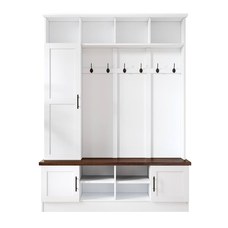 Versatile 3-in-1 Farmhouse Hall Tree with with 6 Hooks & Adjustable Shelves - Walnut Storage Benchr