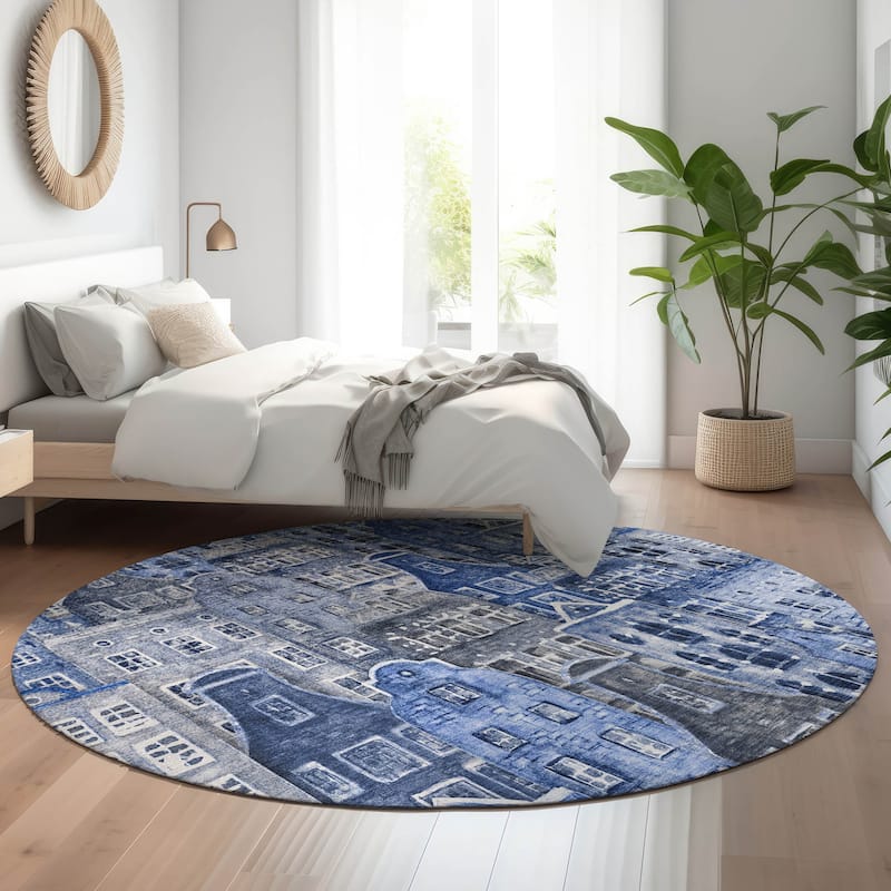 Premium Washable Super Soft Modern Citylife Mayfield Rug - Blue - 8' x 8' - Round