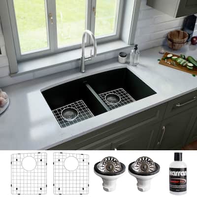 Karran Undermount Quartz 32 in. 50/50 Double Bowl Kitchen Sink Kit