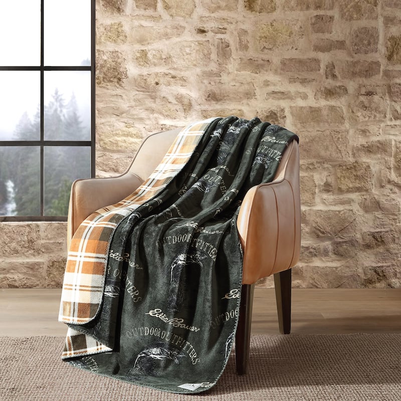 Eddie Bauer Printed Reversible Ultra Soft Plush Throw Blanket - Flying Fish Green