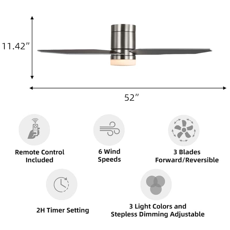 52 in. Modern Rustic Ceiling Fan with 3 Color Light, 4 Wood Blades, DC Motor, 6 Speed for Bedroom or Living Room