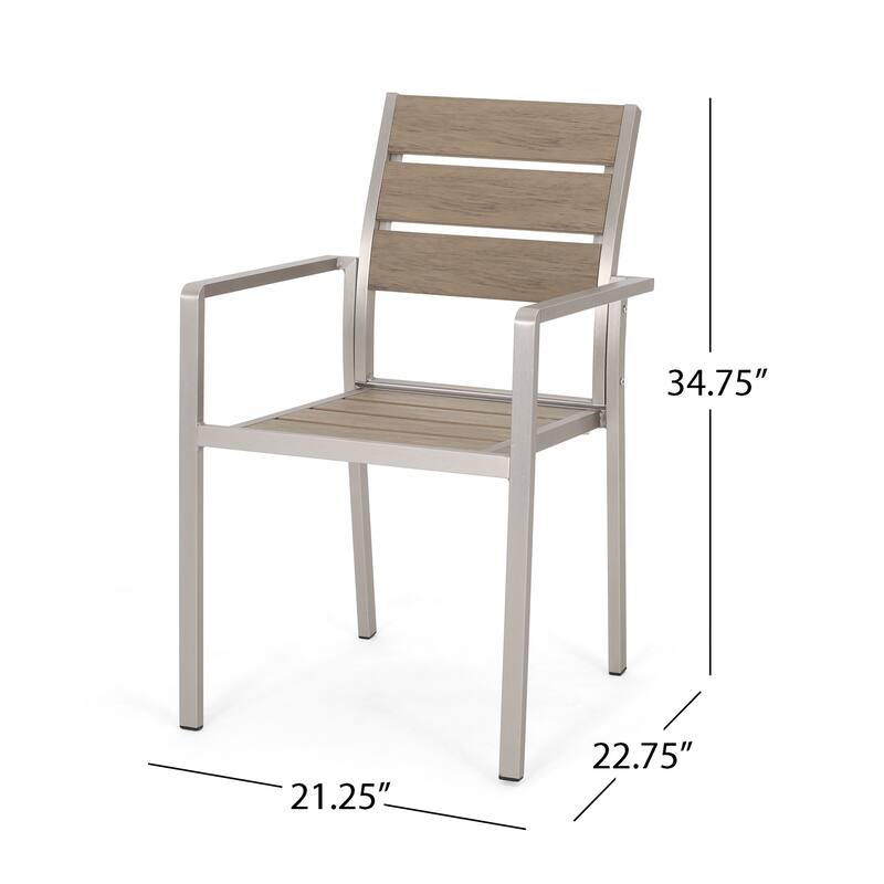 Remo Dining Chair Set of 2, Outdoor Brown Faux Wood Seat, Silver Metal