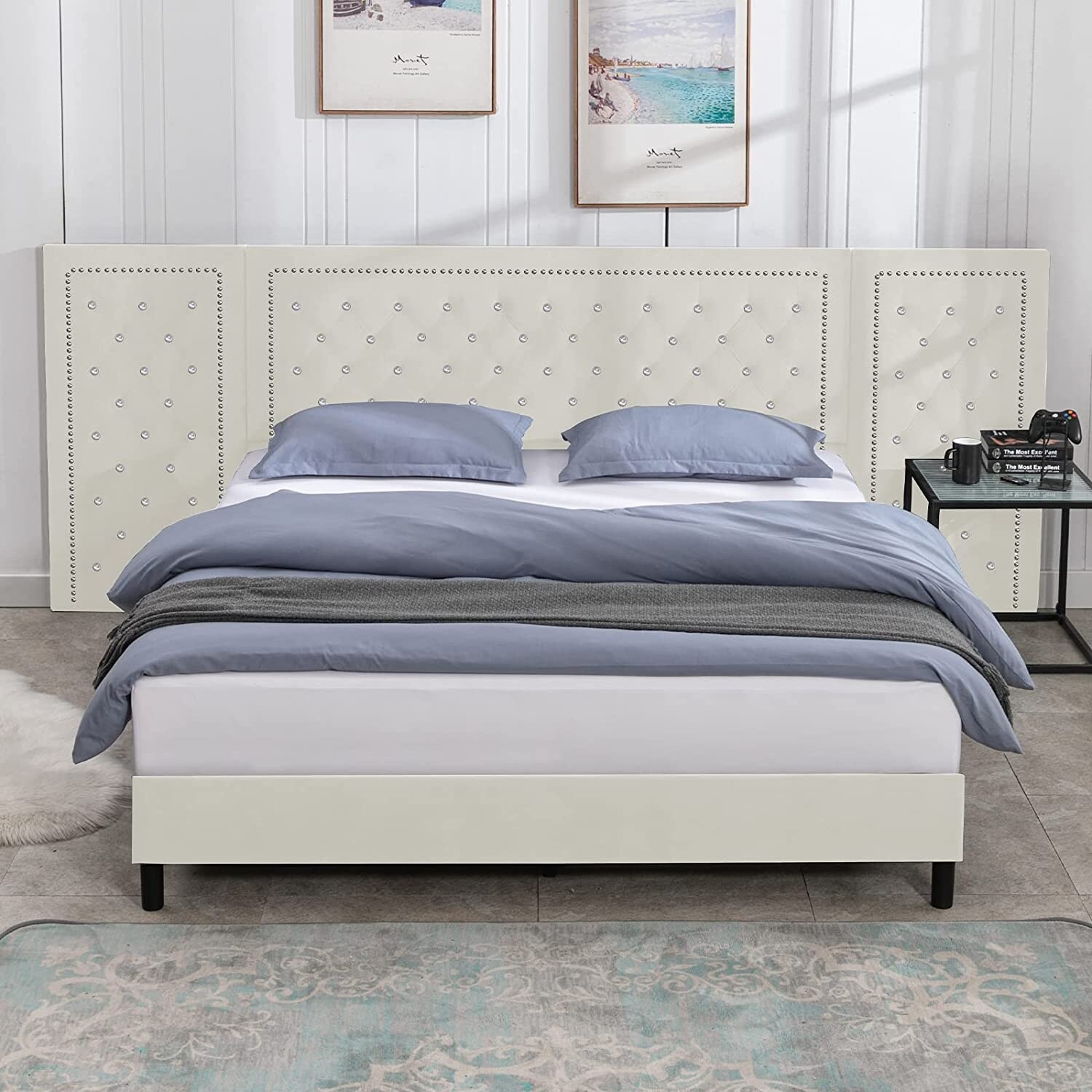 White upholstered hotsell bed with crystals