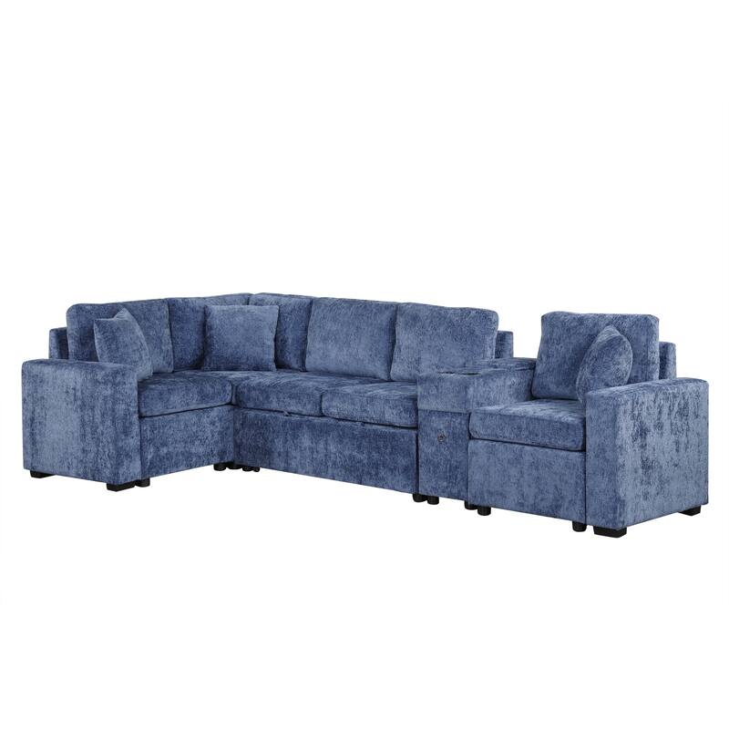 Chenille Pull Out Sectional Convertible Sleeper Sofa Modular Sectional Sofa with Pillow and 2 Cup Holders for Living Room