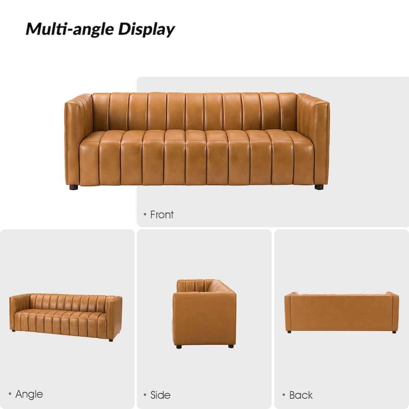 Olinto Modern 83-Inch Genuine Leather Curved Couch Sofa with Channel Back by HULALA HOME