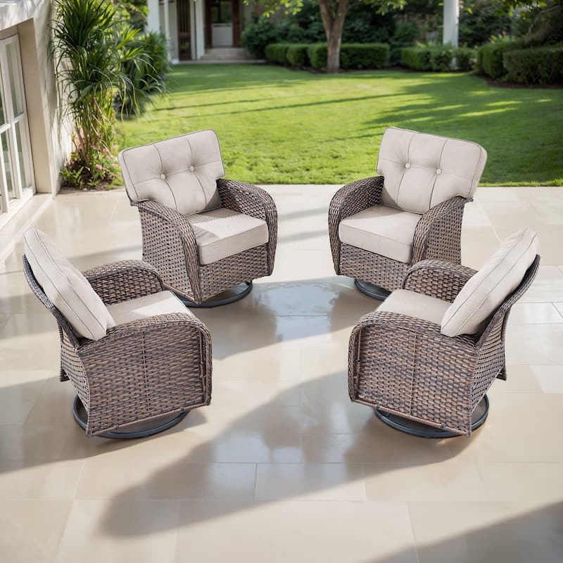 TWrap Brown Wicker Patio Swivel Glider Chairs with 5-Inch Thick Cushions (4-Pack) - Brown/Beige - 4-Piece