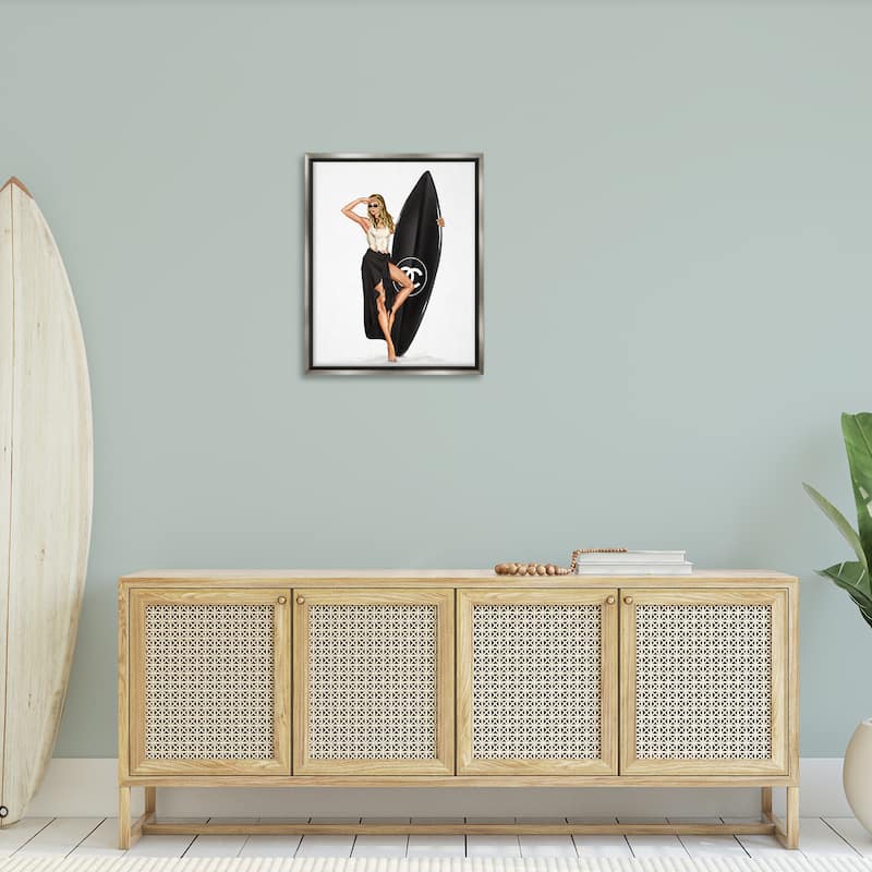 Stupell Trendy Surfer Girl in Black Framed Floater Canvas Wall Art Design By Ziwei Li