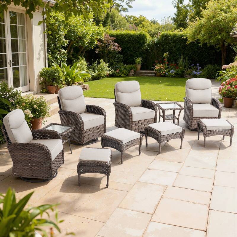 Meyreso 10-Piece Wicker Patio Swivel Glider Set with 6-Inch Thick Cushions and Ottomans - Brown Wicker - Beige Cushions