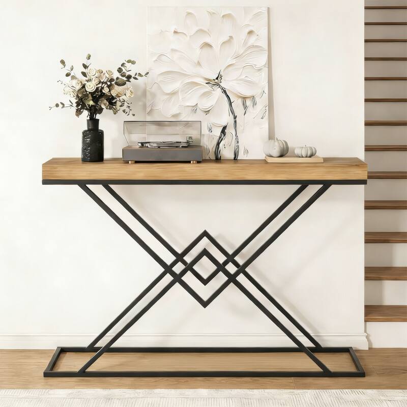43.2" Solid Wood Console Table with Stylish Geometric Metal Base