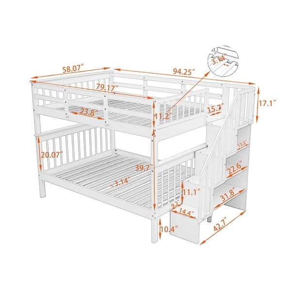 Full-Over-Full Stairway Bunk Bed, Can Be Divided into Two Individual Bedframe, Solid Wood Bedfram w/Storage Stairs & Guard Rail
