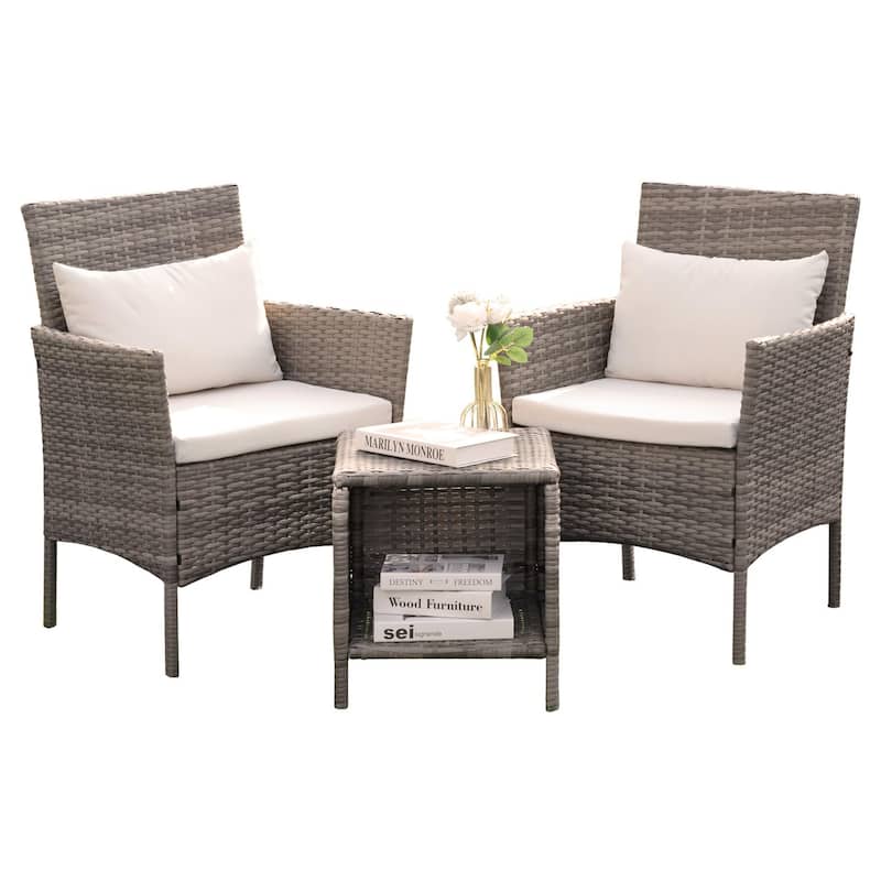 3 Piece Patio Conversation Bistro Set, Porch Balcony Furniture Set Outdoor Chat Furniture, Wicker Chairs and Storable Table Set