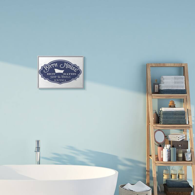 Stupell Vintage Bath House Sign Minimal Blue White Framed Giclee Art Design By Jill Meyer
