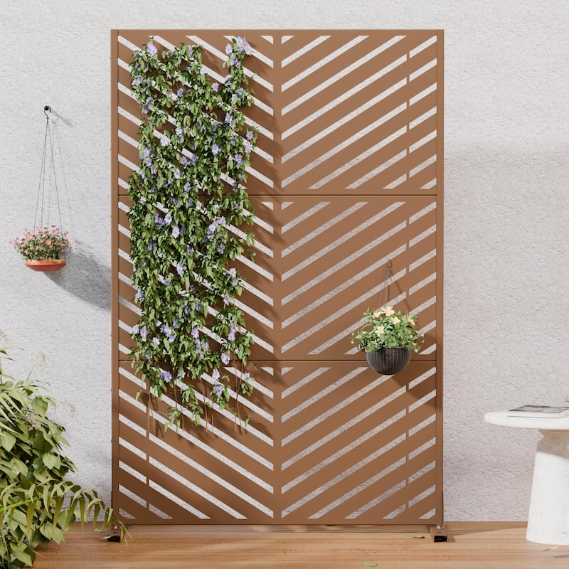 Outdoor Privacy Screen 2-Panel Chevron Metal Privacy Fence with Wind-Resistant Base Durable Decorative Divider